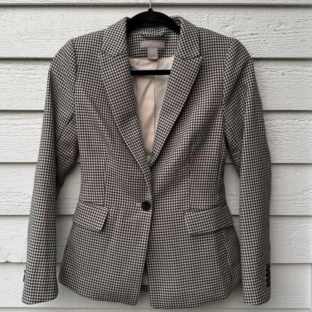 H&M Fitted Houndstooth Blazer (Dark Green, Black, and Cream), XS